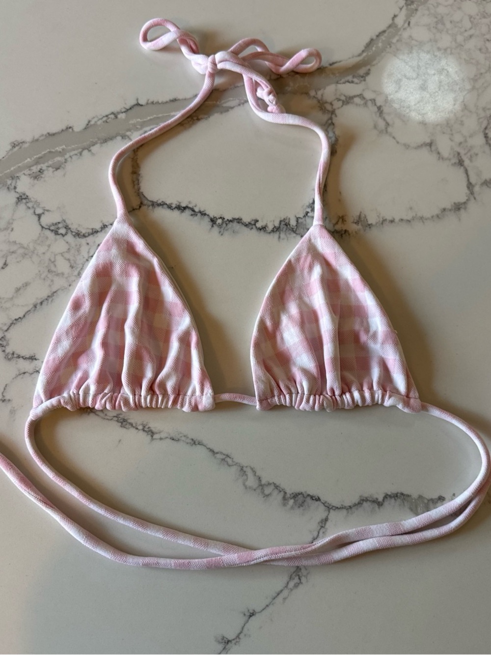 Frankie’s Bikinis pink and white gingham bikini top M